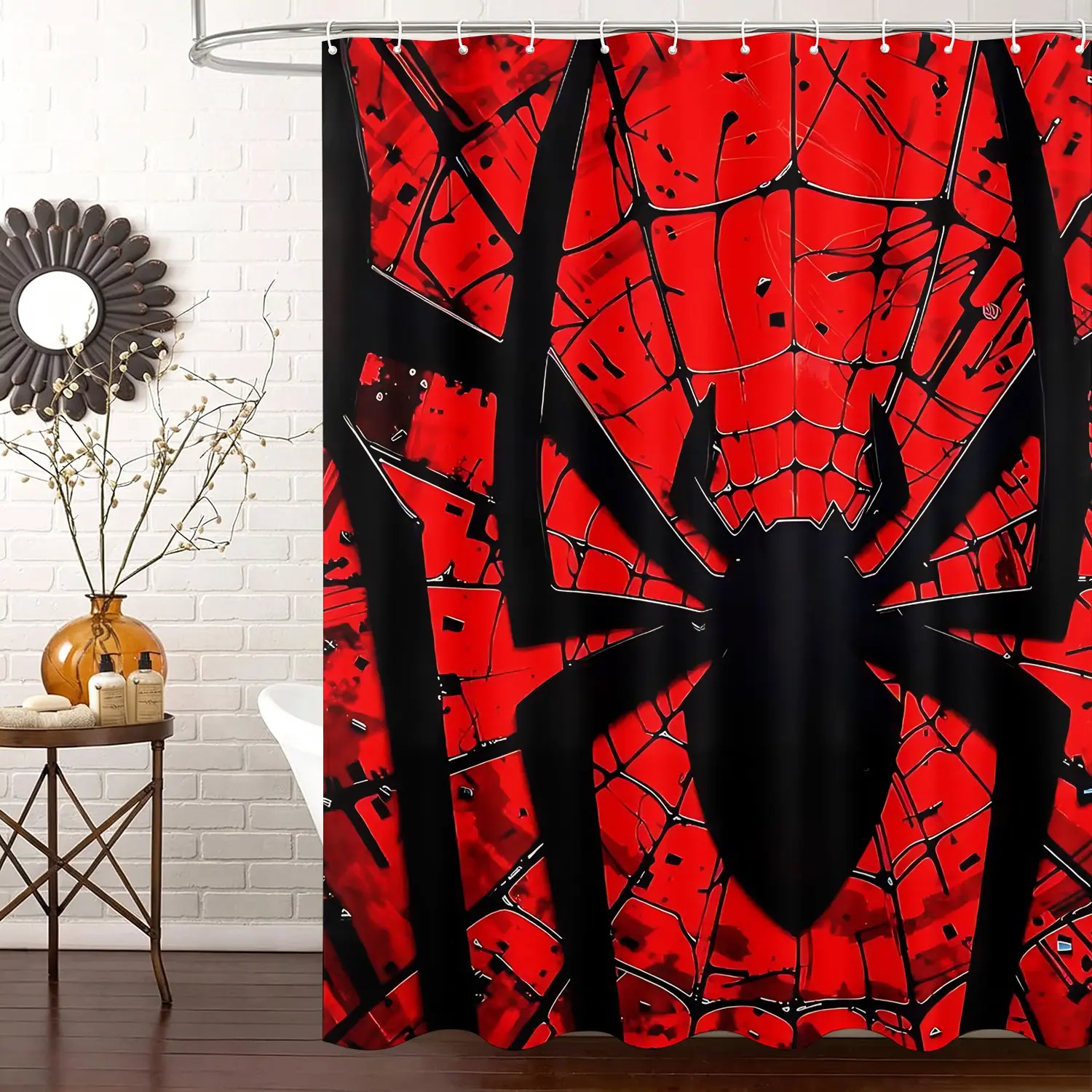 Dark Spider Web Print Shower Curtain With Hooks, Red‑Black Graffiti Spider Graphic Waterproof Fabric Bathroom Curtain, Cool Gothic Style Home Bath Decor For Teen Boys Game Room