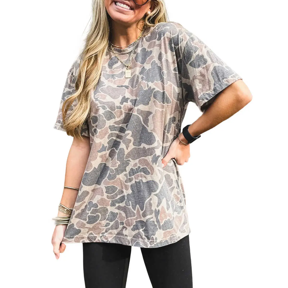 Women's Retro Multicolour Camouflage T-Shirt, Polyester Blend Oversized Fit Top, Soft Breathable Short Sleeve Tee