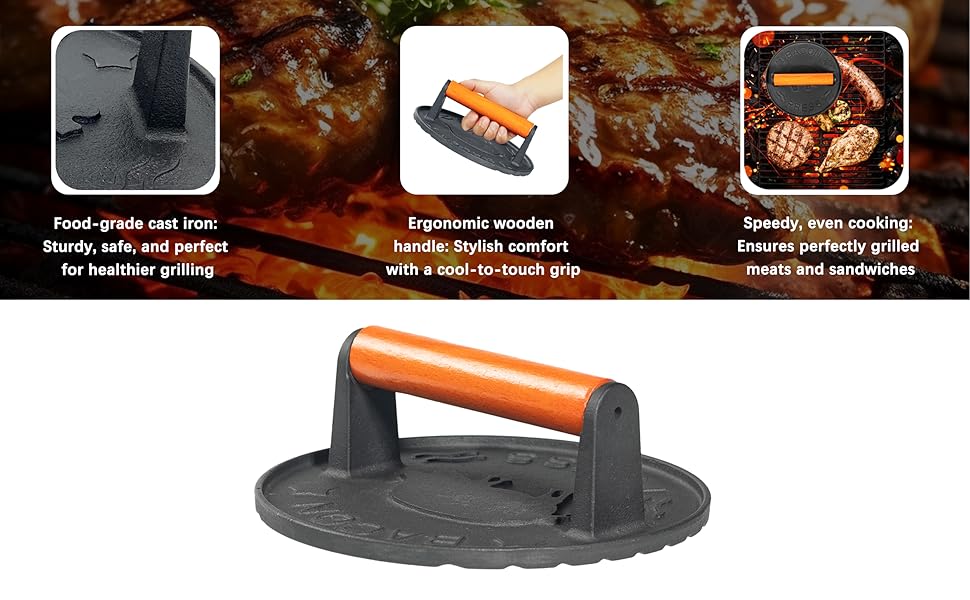 Vivicreate 7 Inch Cast Iron Burger Smasher – Hamburger, Patty & Bacon Grill Press with Wooden Handle – Heavy-Duty Griddle & Barbecue Tool for Flat Top Cooking