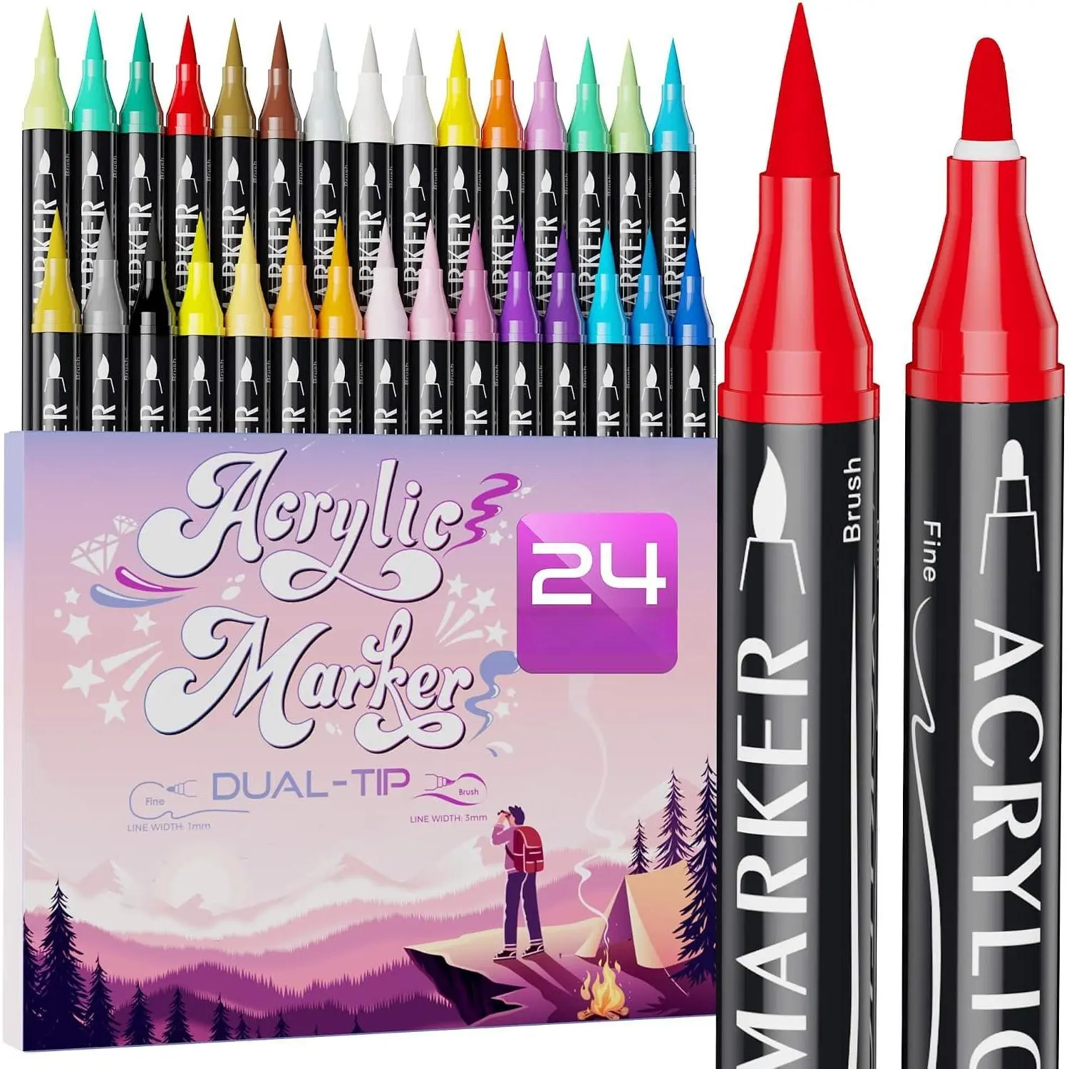 24 Colors  Tip   Markers,Fine Tip and Brush Tip Permanent   Pens For Rock Painting, Canvas, , Glass, Ceramic, Fabric, Plastic, Egg, Scrapbook,Art Painting Supplies Kit