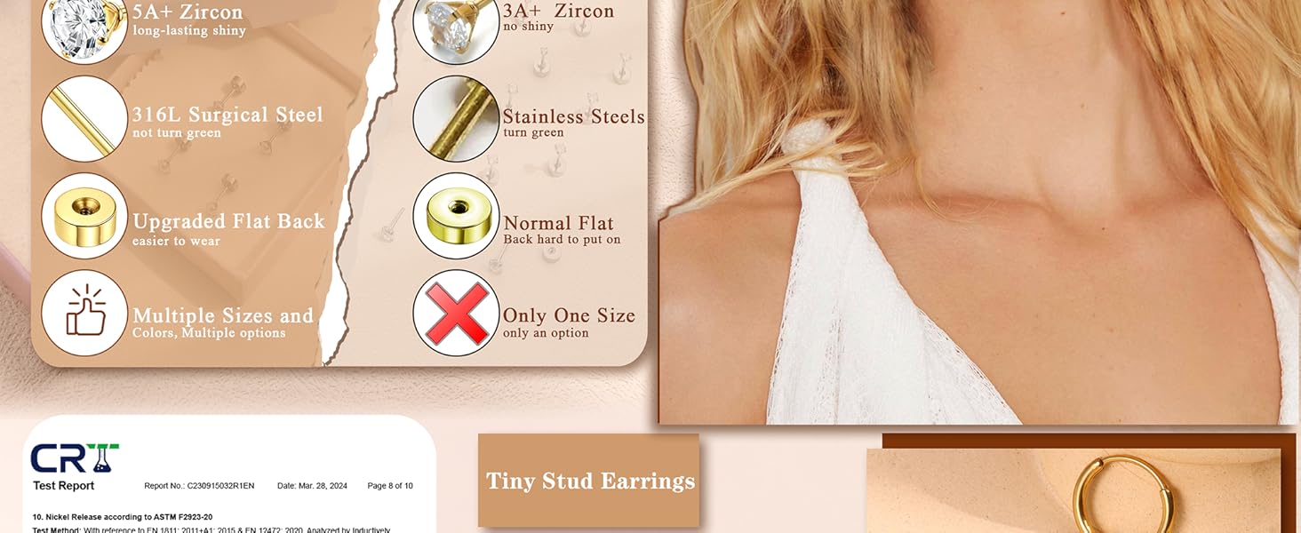 Tiny Hypoallergenic Flat Back Earrings - Surgical Steel Earrings For Women Men 14K Gold Plated Flatback Stud Earrings 20G Small Cartilage Earring Hoop 12 Pairs 2/3/4mm Screw Back Earrings