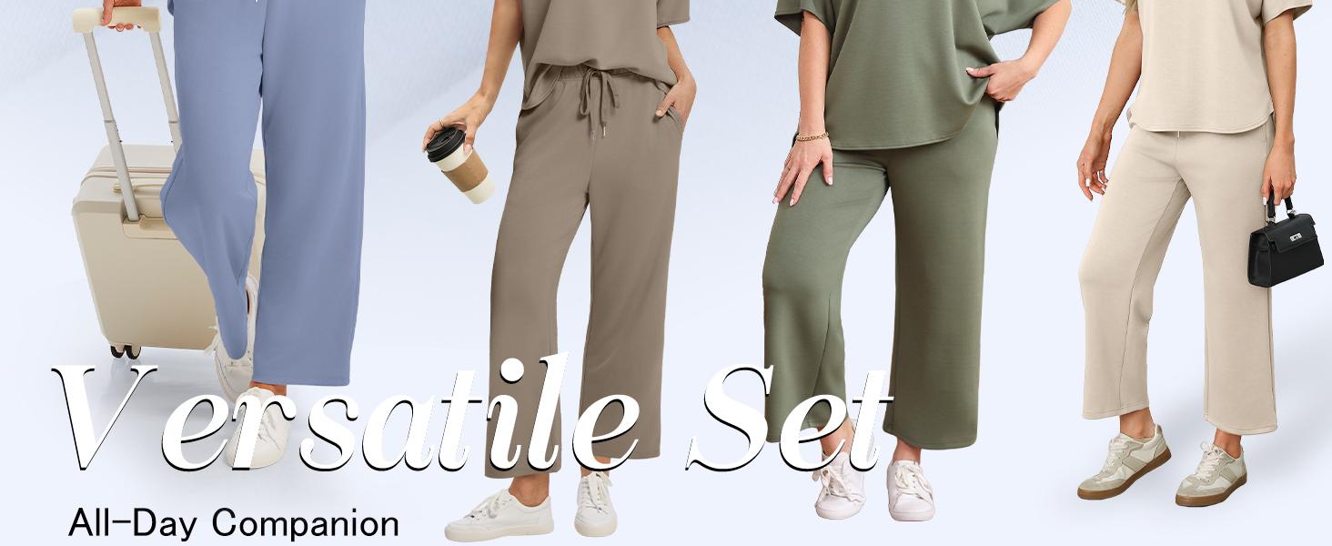 OFEEFAN Two Piece Sets for Women Summer Outfits Oversized Wide Leg Crop Pants Lounge Sets Airport Beach Vacation Clothes |(Size Up 1-2 for Oversized Look) Casual Shortsleeve SpringStatements