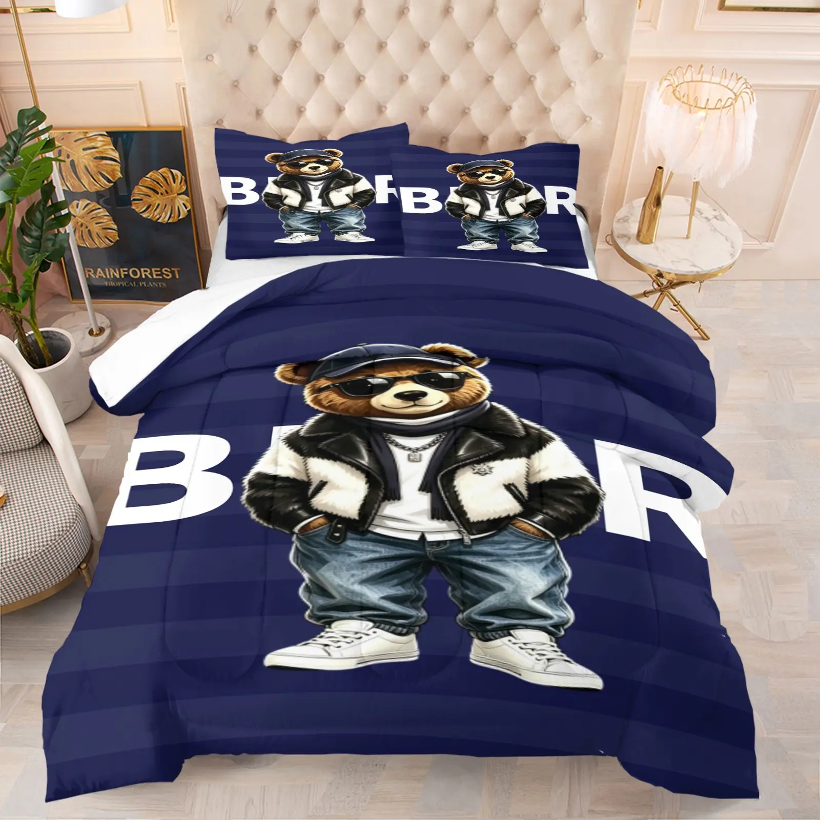 Bear print pattern set, including 1 blanket and 1 or 2 pillowcases without pillowcases, soft children's and adult bedroom decoration gifts