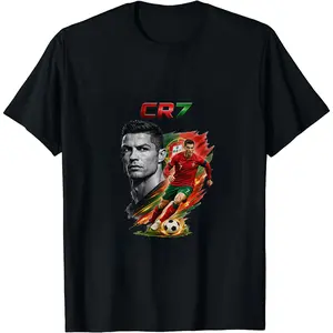 100% Soft Cotton Crewneck Tee, CR7 Cristiano Ronaldo Dual Portrait Portugal Flag Fire Brush Graphic Shirt, Oversized Loose Top For Pre-Match Fan Cookout, Trending Y2K GOAT Soccer Fan Streetwear
