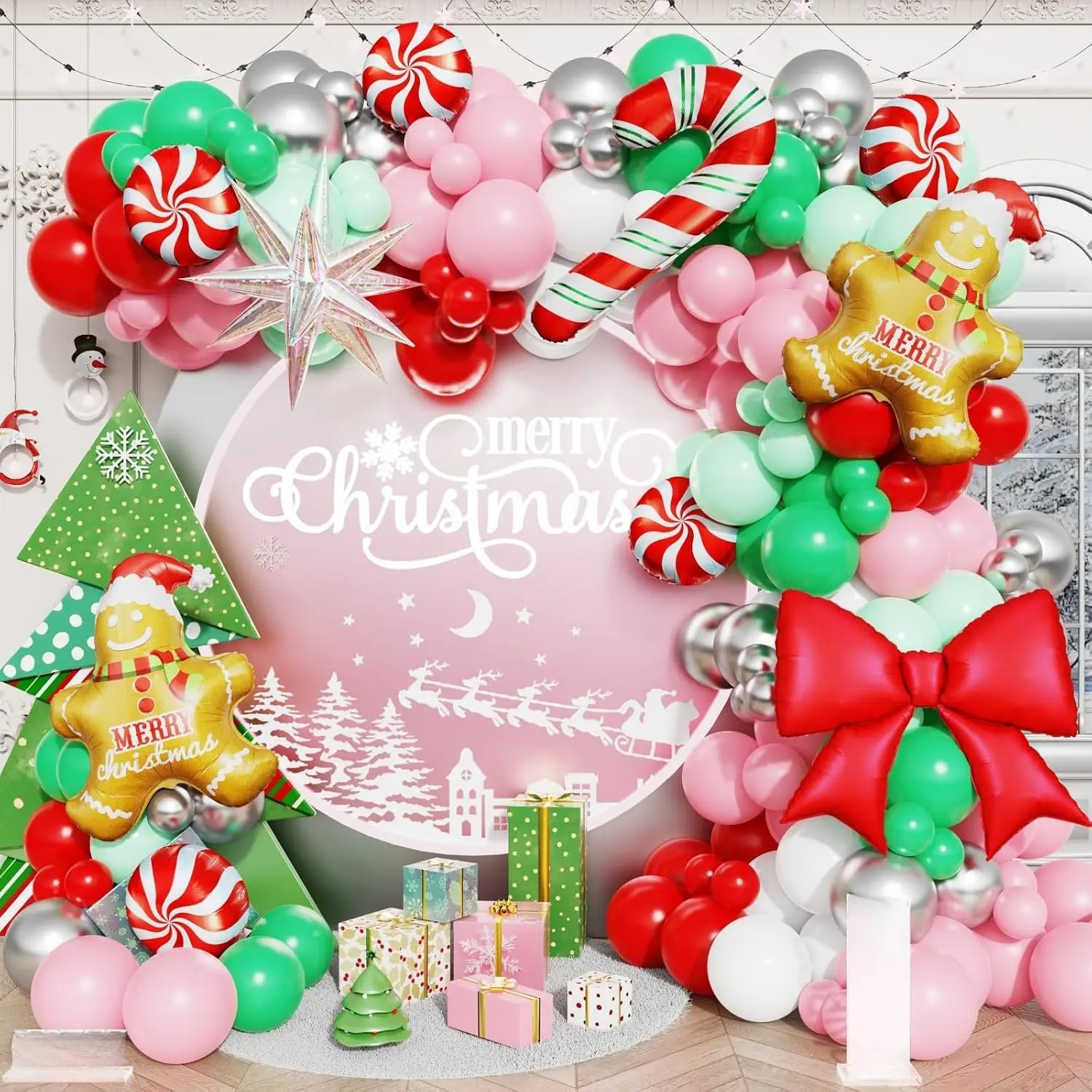 Christmas Balloon Arch Kit,158Pcs Red  and Green Balloon Garland with Gingerbread,Iridescent Explosion ,Candy Cane,,Bow Foil Balloons for Candyland Xmas Eve  Year Party Decoration