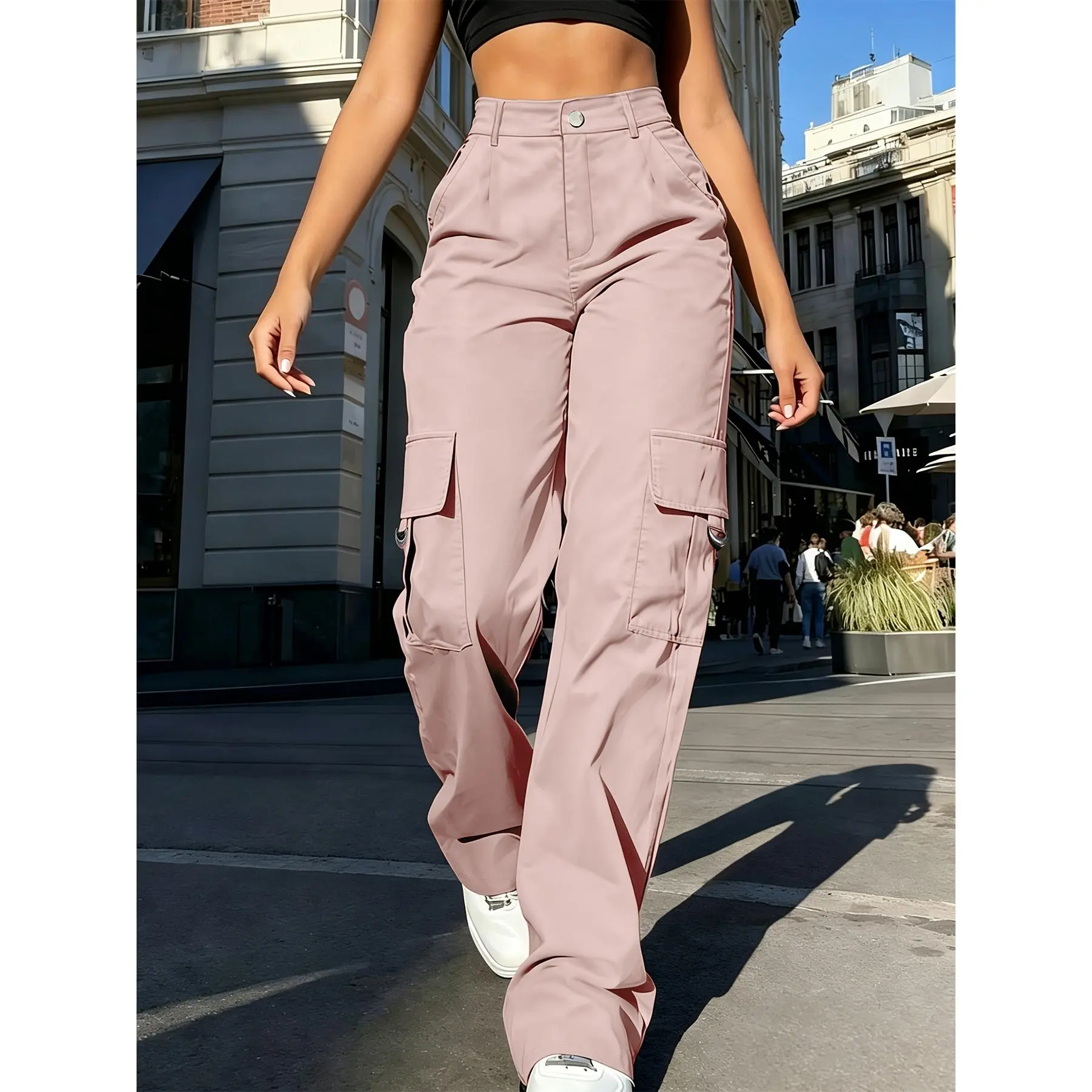 Women's-Waisted Cargo Pants Black Straight Leg Multi-Pocket Casual Trousers Style Versatile Wide-Leg Pants - Yoga Pants Suitable All Seasons - Women's Clothing sweatpants