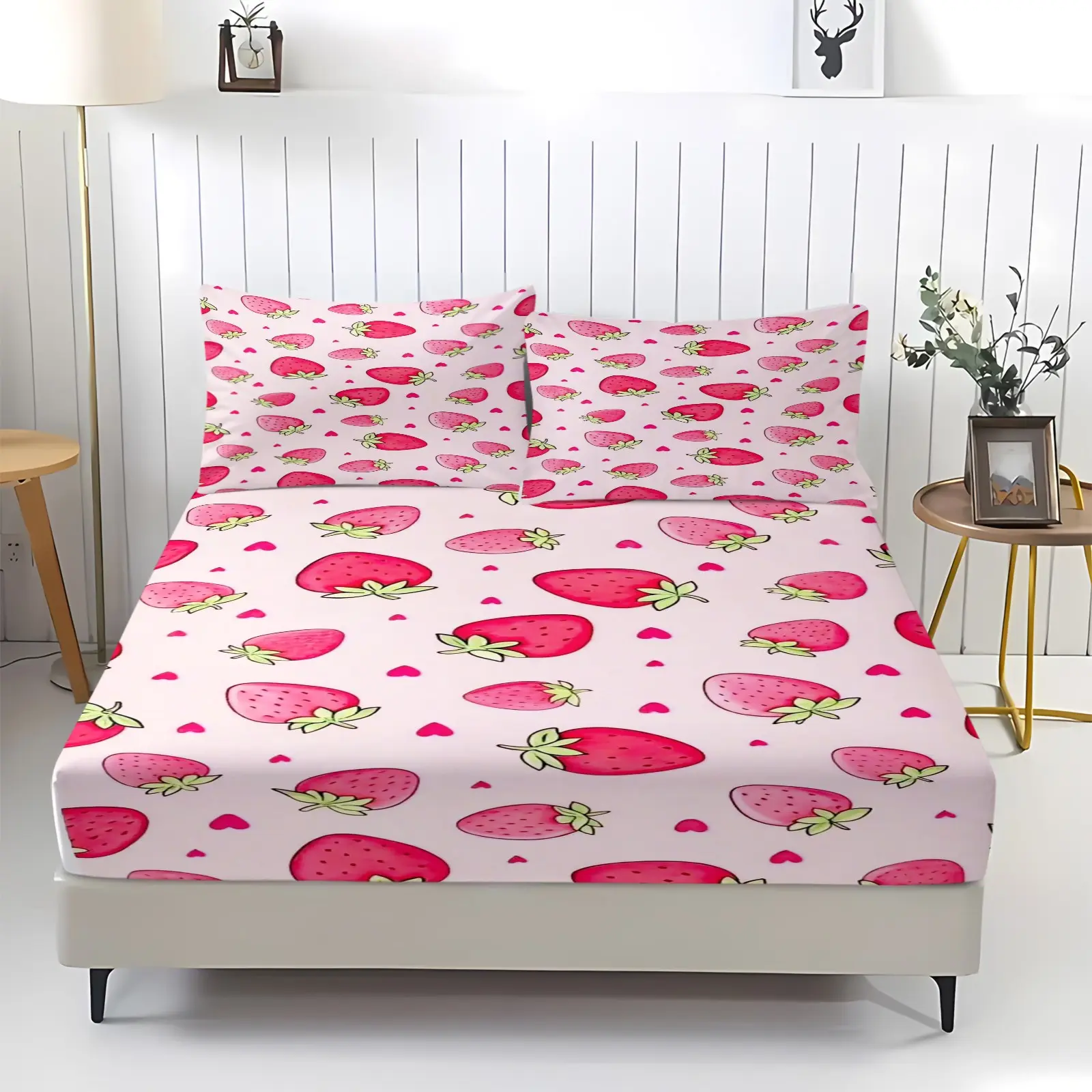 Strawberry printed pattern bed sheet, including 1 sheet and 2 pillowcases, Cute Sheets, comfortable bedding, non slip dust cover suitable for bedrooms and guest rooms, suitable for children or adults as gifts