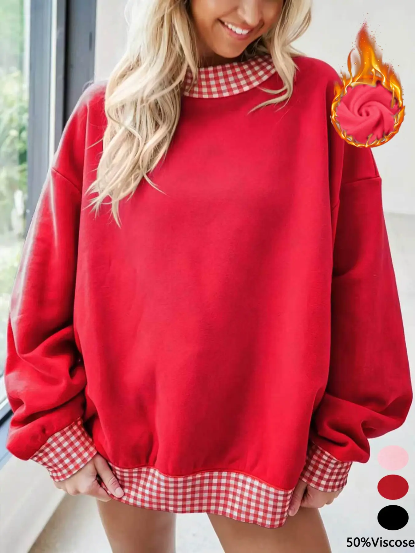 Women's Plaid Pattern Fleece Sweatshirt, Oversized Pullover, Thick Warm Anti-Pilling, Fall Winter Basic Fashion Top