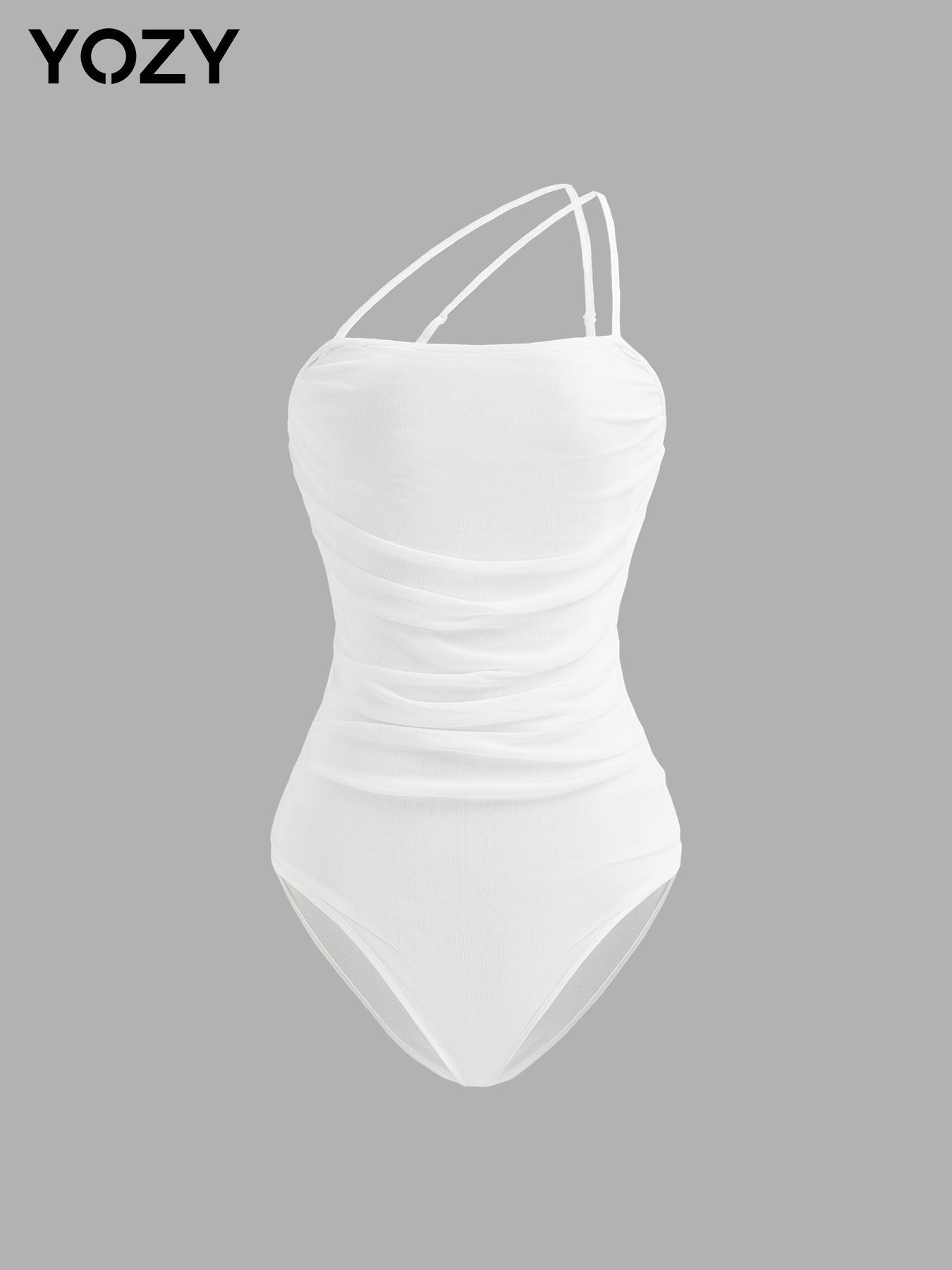YOZY Women's Plain Ruched Asymmetrical Bodysuit, Casual Adjustable Strap Sleeveless Bodysuit for Holiday Vacation, Ladies Clothes for All Seasons