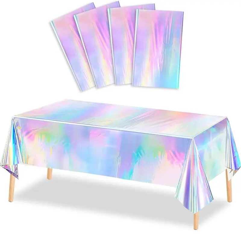 4 Counts Iridescence Plastic Tablecloths Shiny Disposable Laser Table Covers Sequin Holographic Foil Tablecloths for Birthday, Wedding, Party, Picnic, Buffet, Holiday Decorations Birthday Party Supplies