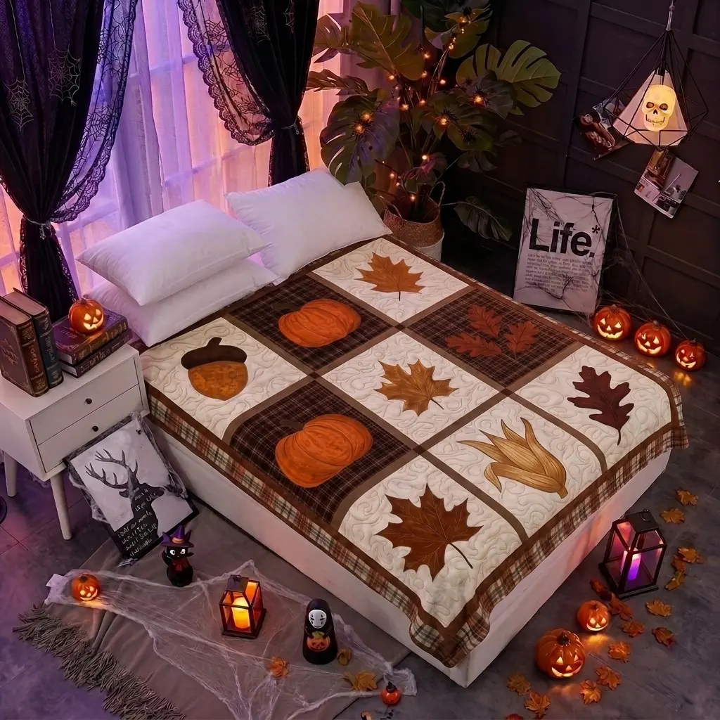 Brown Buffalo Plaid Patchwork Flannel Throw Blanket, Farmhouse Fall Pumpkin Acorn Maple Leaf Corn Soft Warm Blanket for Bedroom Sofa Couch Camping Thanksgiving Decor Gift 0713Y（48）