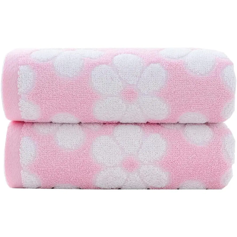 Hand Towels Set of 2 Floral Pattern 100% Cotton Soft Absorbent Decorative Towel for Bathroom (Pink)
