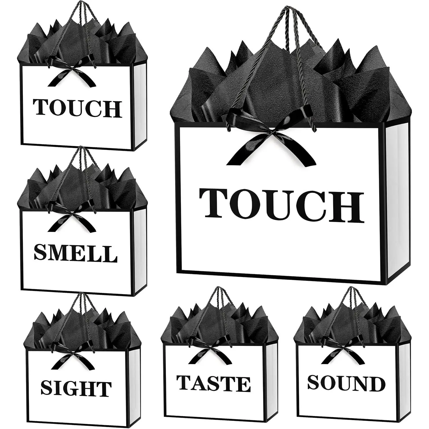 11" Medium 5 Senses  Bags with Tissue Papers and Ribbons for Men, Women, Him Her Birthday, Anniversary, Wedding, Valentine's Day (White Black)