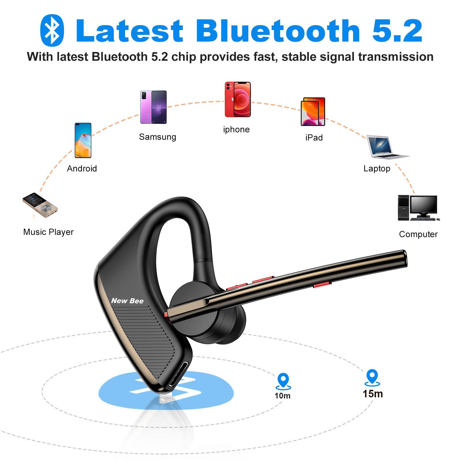 New bee Bluetooth Earpiece V5.2Headset 24Hrs Talktime CVC8.0 Dual Mic Noise Cancelling for iPhone/Android/Driver/Business/Office