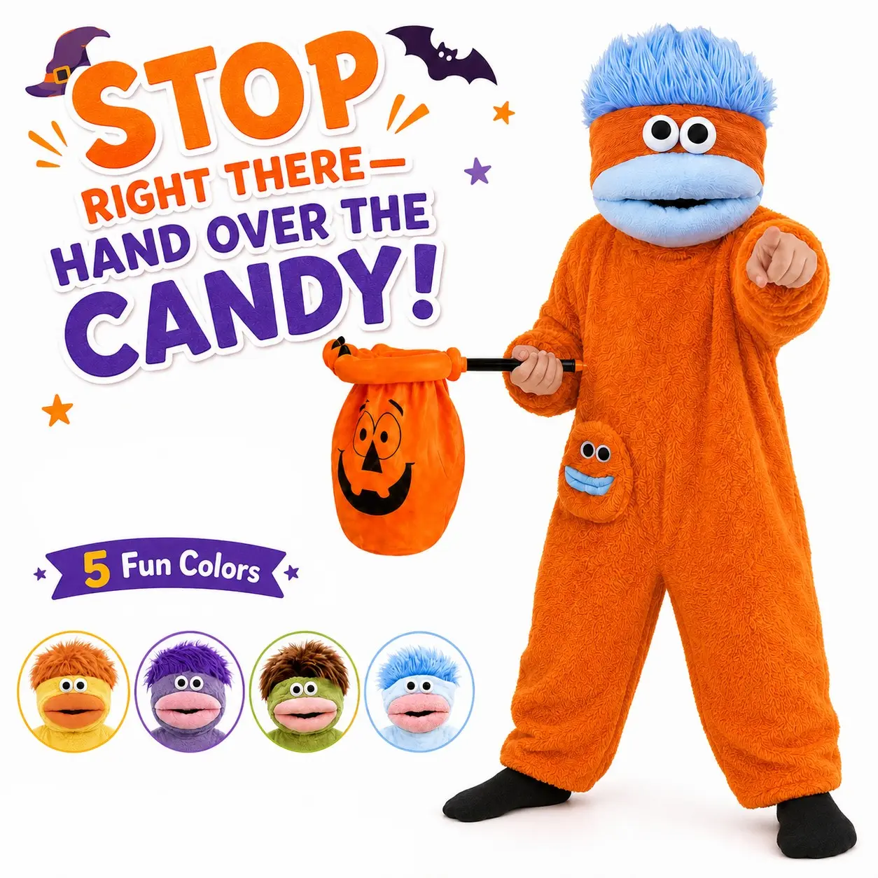 Funny Monster Puppet Halloween Costume for Kids, Soft Plush Hooded Onesie Jumpsuit, Cozy Trick or Treat Party for Boys Girls