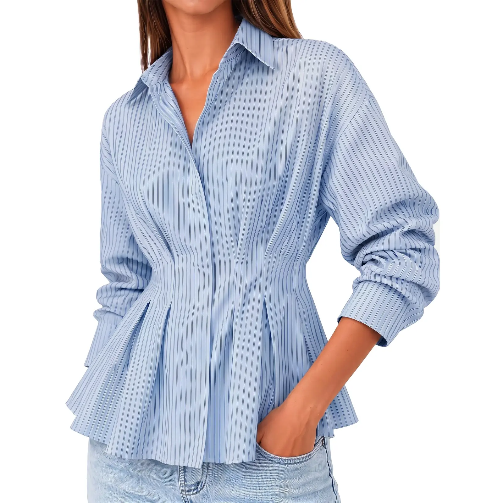 Cicy Bell Women Striped Button Down Shirts Pleated Peplum Slim Fit Tops | long sleeve, smocked, babydoll, business casual, clean fit, work office shirts, fitted, fall outfits