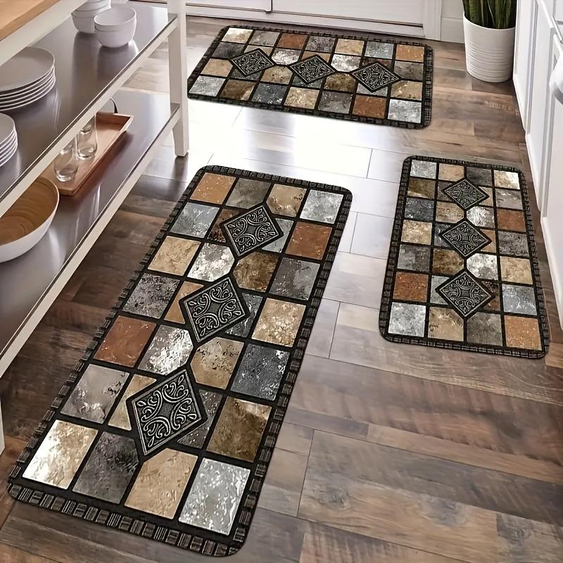 2D Flat 2pcs Brown Kitchen Absorbent Diatomaceous Earth Floor Mats, Vintage Plaid Style Long Rugs, Oil And Non-slip Backing, Fast Drying, Machine Washable, Soft And Comfortable, Suitable For Kitchen, Laundry Room, Bathroom, Hallway, Home Decor Rugs