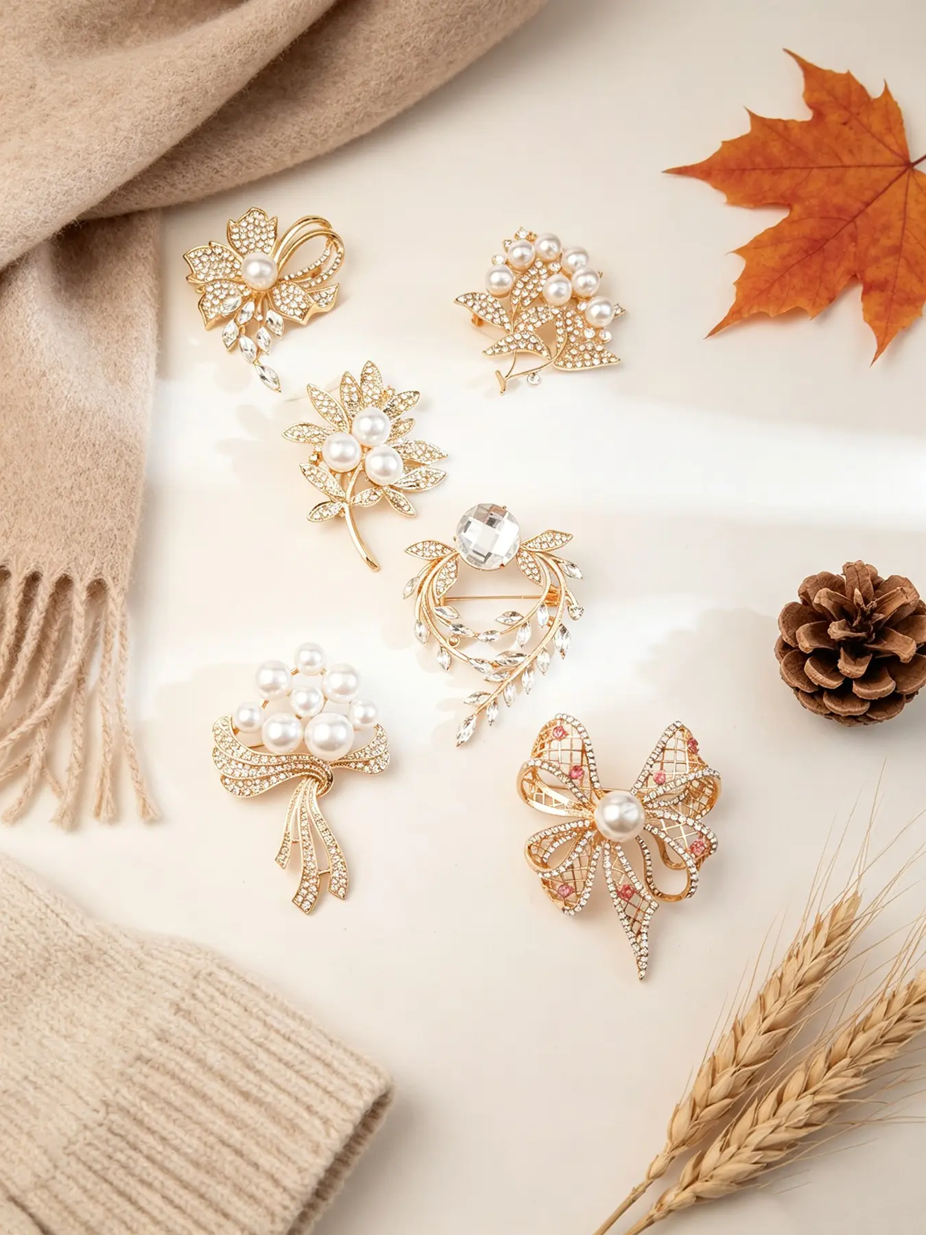 6 Piece Imitation Pearl Rhinestone Brooch Set, Elegant Vintage Romantic Style, Perfect for Weddings and Daily Wear