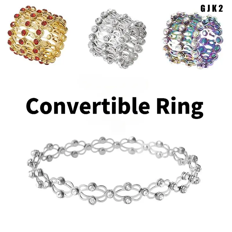 Colorful Rhinestone Stretch Ring Bracelet 2 in 1 Convertible Jewelry, Adjustable Expandable Bangle That Turns Into Ring, Rainbow Plated Hollow Wavy Crystal Decor, Fashion Party Costume Accessories for Women Girls Daily Wear