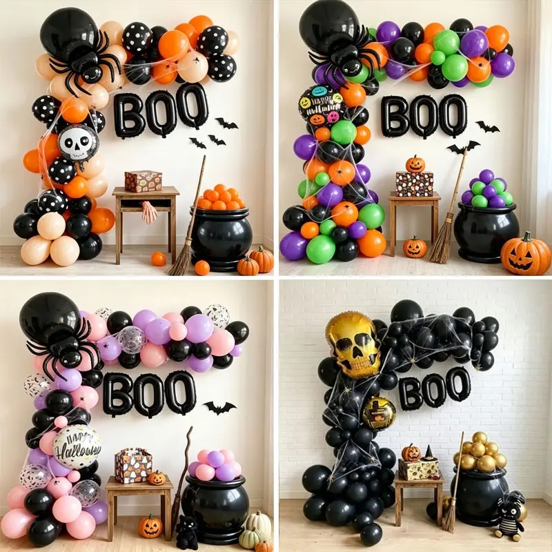Halloween Theme Arch Balloon Set, Boo Letter, Magic Cauldron, Spider, Skull, Perfect for Halloween Parties, Home Decor, Witch Costume Party