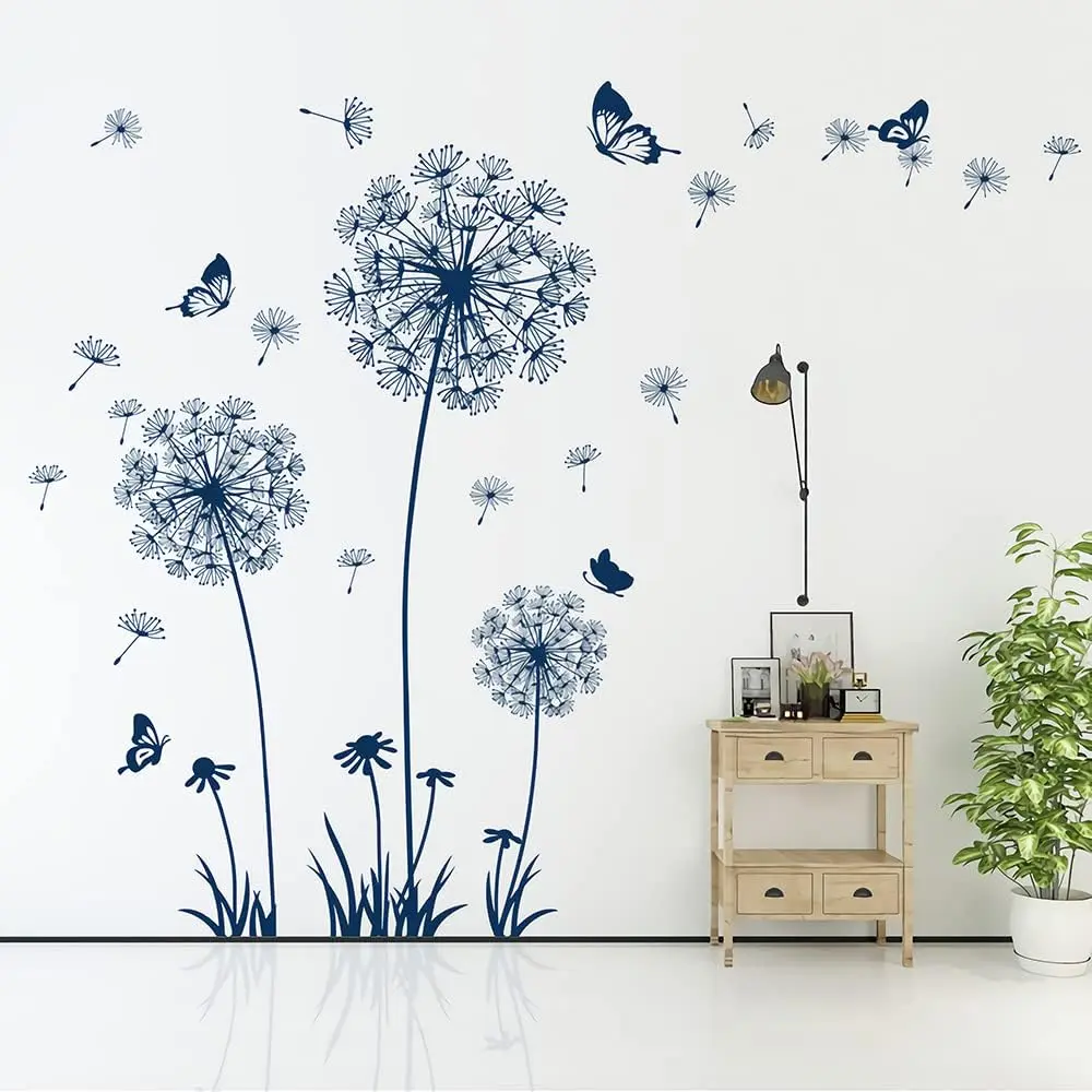 2-Pack Decorative Dandelion Wildflower Wall Stickers - Smooth Tiles Sticker with Flying Butterflies, Peel-and-Stick Mirrors Accent for Girls' Bedroom DIY Scrapbooking (Blue)