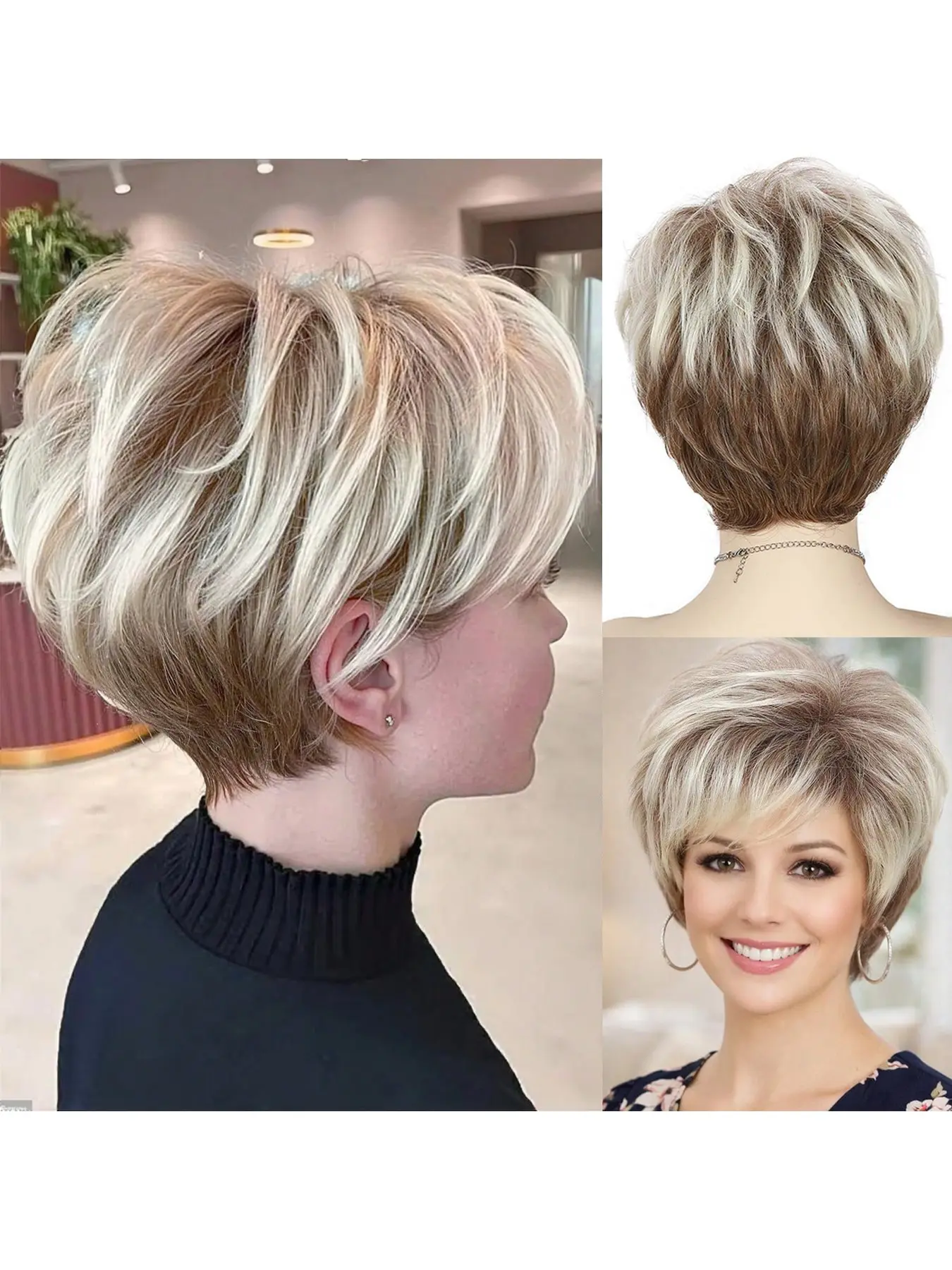 Short Ombre Blonde Hair Wigs for Women, Pixie Cut Curly Wig with Bang, Glueless Synthetic Hair, Natural Daily Use, All Seasons