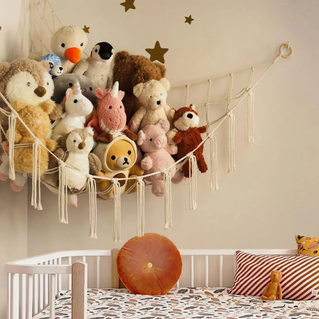 Macrame Tassel Cotton Stuffed Animal Hammock - Space-Saving Hanging Toy Organizer, Decorative Boho Home Decor for Nursery Room Wall, Plastic Shelf Gift