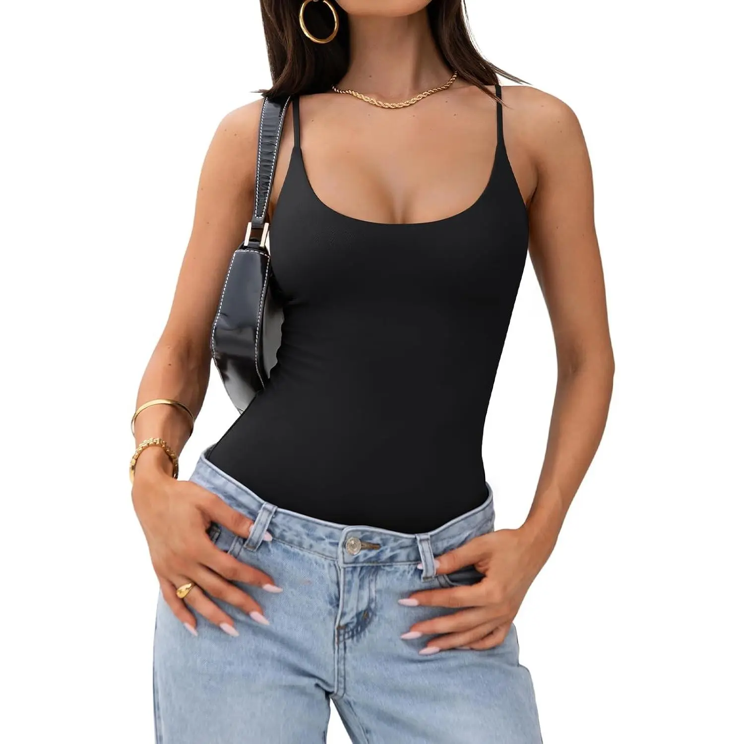 Women's Sleeveless Thong Bodysuit - Sexy Scoop Neck, Backless Adjustable Spaghetti Strap, Double Lined Leopard Style Fabric Tank Top Gift, Button