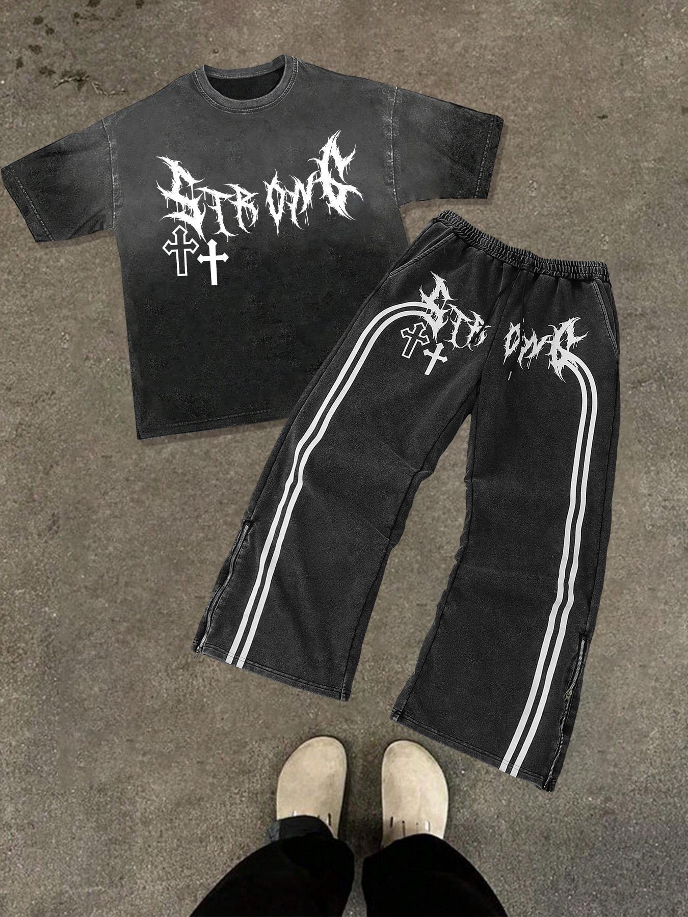 Men's Star & Striped Print Tee & Pants Set, Loose Fashion Round Neck Short Sleeve T-shirt & Trousers for Daily Outdoor Wear, Men's Clothing for Spring & Fall, Menswear