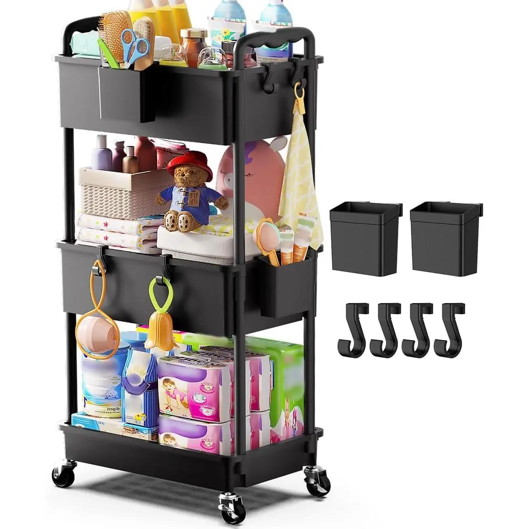 Diaper Cart with Lockable Wheels and Easy Assembly, 3 Tier Black Rolling Cart for Baby Nursery Storage, Sturdy Ample Diaper Caddy Organizer for Baby Girl, Boy, New Mom, Newborn Essentials