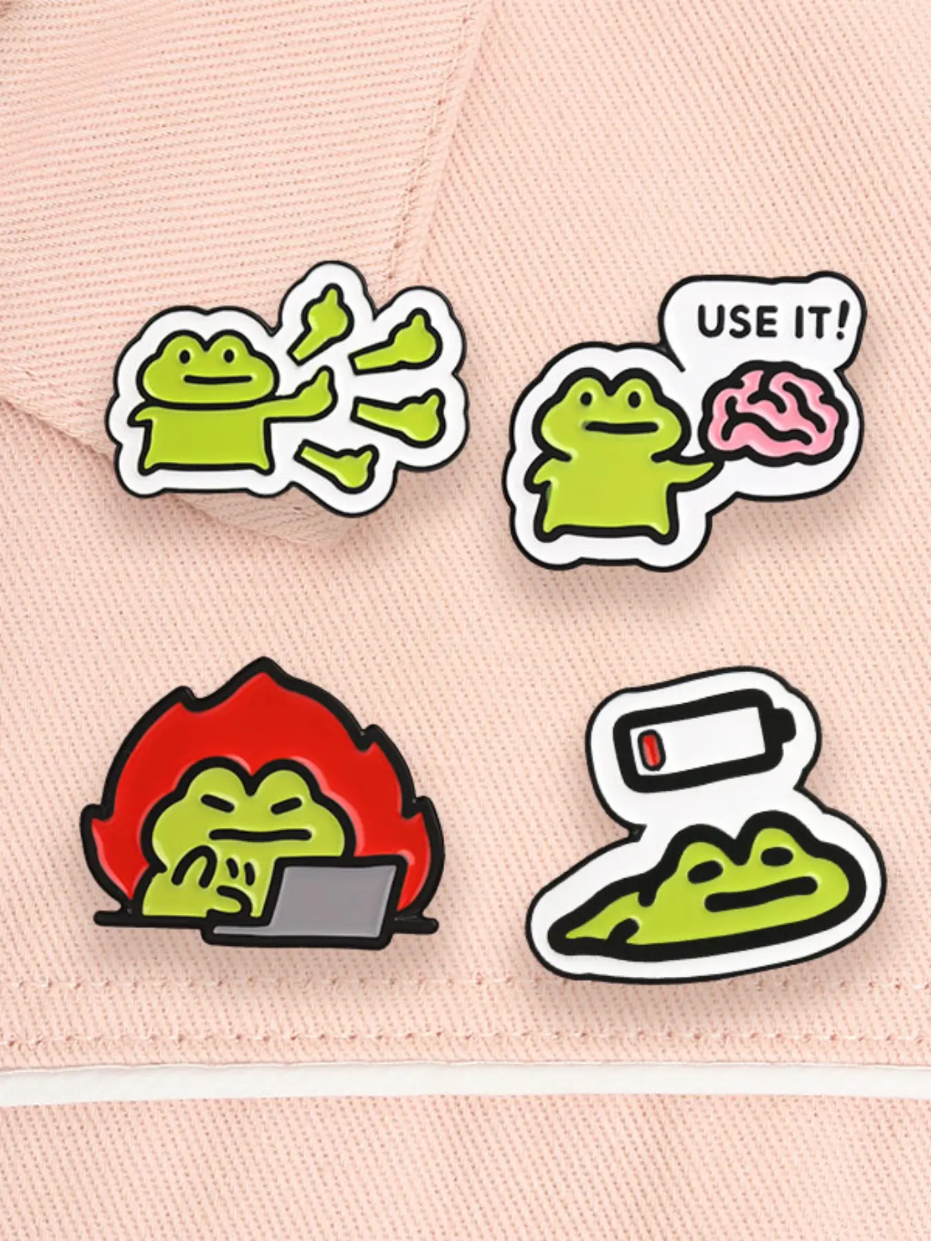 4PCS Low Battery Tired Frog Meme Enamel Pin, Use It Brain Frog Overworked Frog Flames Brooch,Suitable for Backpacks, Jeans, Scarves, Hats Decoration, Trendy All-match & Exquisite Brooch for Birthday Gift