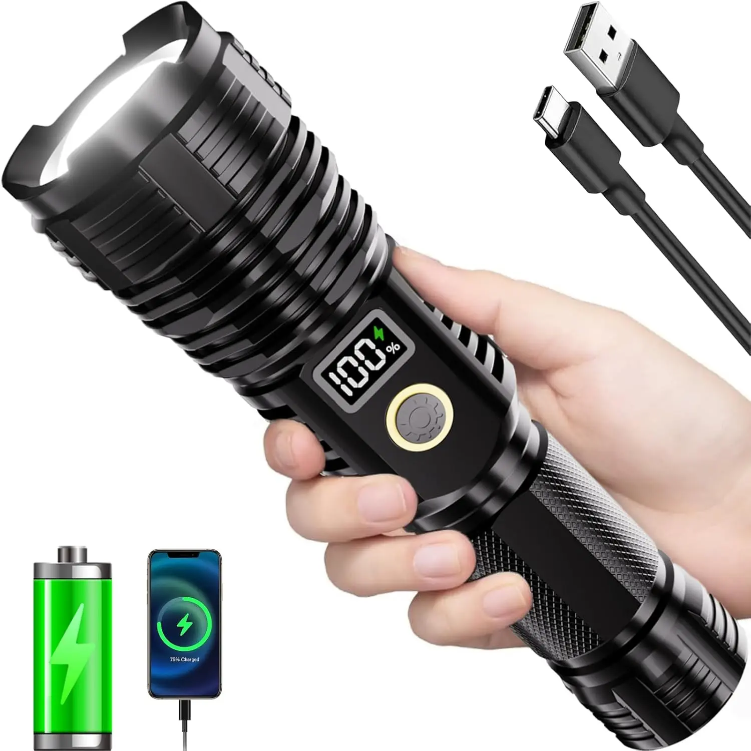 High-lumen rechargeable flashlight, 10000-lumen LED ultra-bright flashlight, zoomable flashlight with LCD digital display, 5 modes, waterproof, powerful tactical flashlight, suitable for emergencies and as a camping gift