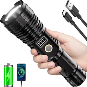 High-lumen rechargeable flashlight, 10000-lumen LED ultra-bright flashlight, zoomable flashlight with LCD digital display, 5 modes, waterproof, powerful tactical flashlight, suitable for emergencies and as a camping gift
