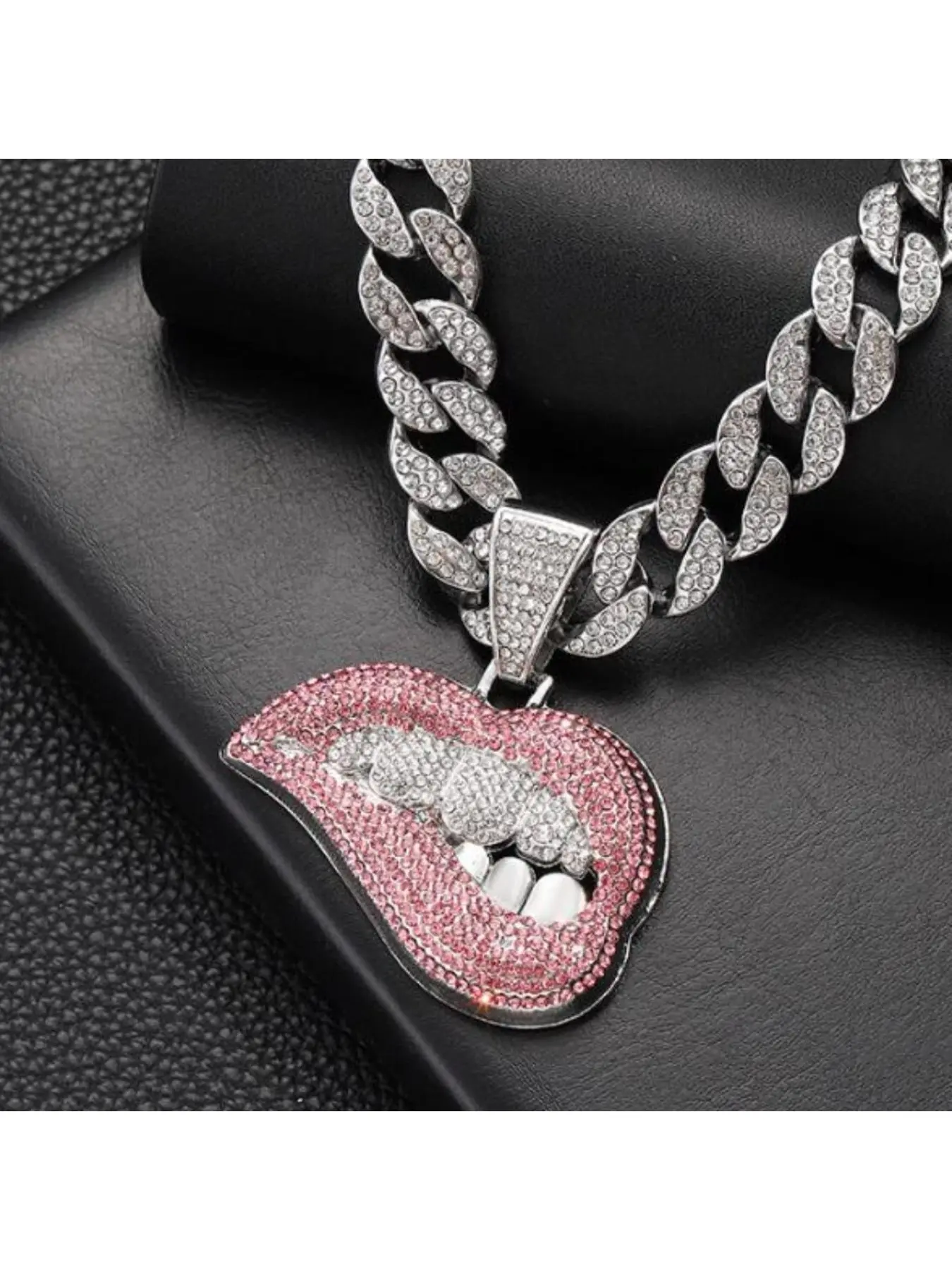 Silver Iced Out Pink Lips Pendant Necklace - Cuban Link Chain Hip Hop Jewelry for Men Women iced out necklace, cuban link necklace, lips necklace, pink lips pendant, hip hop jewelry, silver cuban chain, rhinestone necklace, two tone necklace, grillz jewel