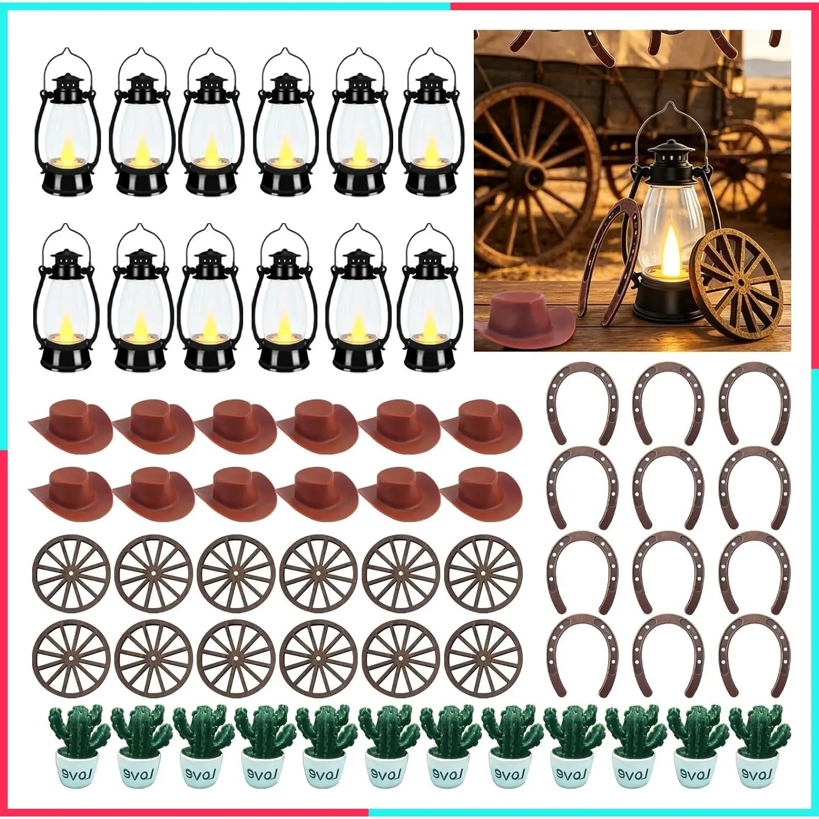 61 Pcs Western Table Centerpieces, Mini Cowboy Hat Lantern, Cow Carpet, Horseshoe, Wagon Wheel Rodeo Decor for Teens & Adults, Vintage Cowboy Party, Wedding & Birthday