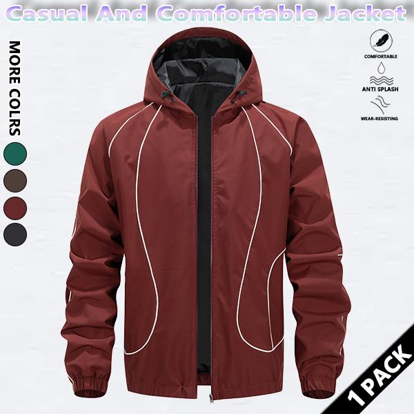 Men's solid color waterproof and windproof drawstring zipper hooded jacket, trendy striped print casual long-sleeved jacket with zipper pockets, suitable for outdoor activities, all year round.