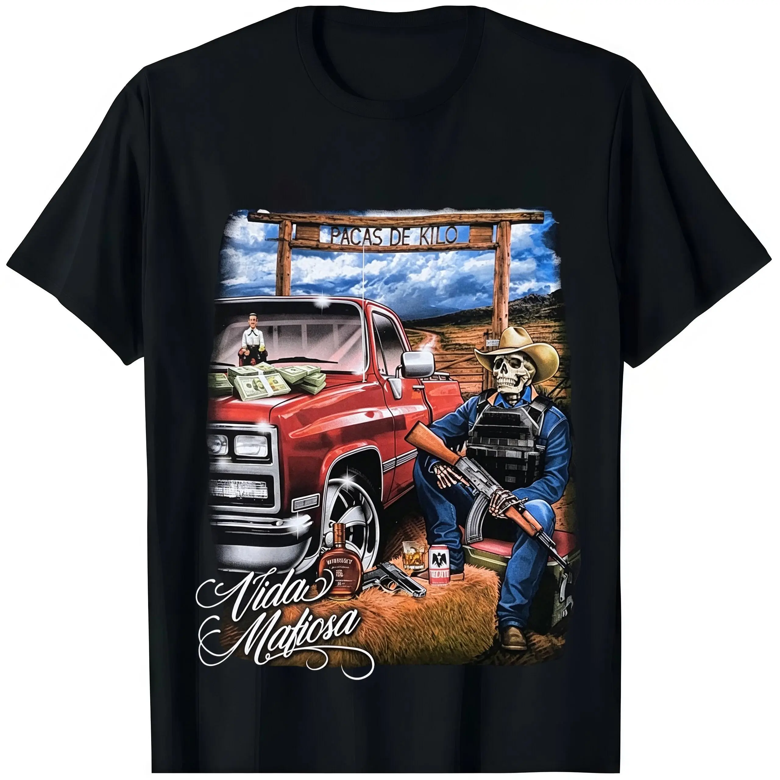 🖤 🚗 🔫 Pacas De Kilo Chalino Sanchez Crewneck T-Shirt with Graphic Print Featuring Truck and Gun,  Men's Streetwear Top