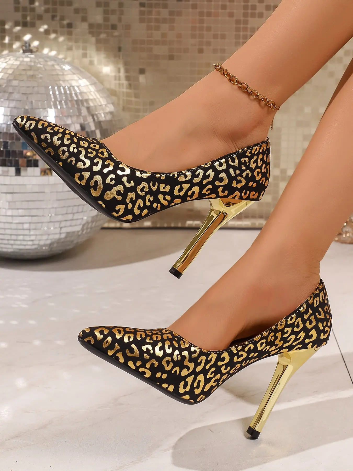 Women Leopard Print Pointed Toe Stiletto Pumps, Metallic Thin Heel Slip On Dress High Heels, Party Club Evening Shoes