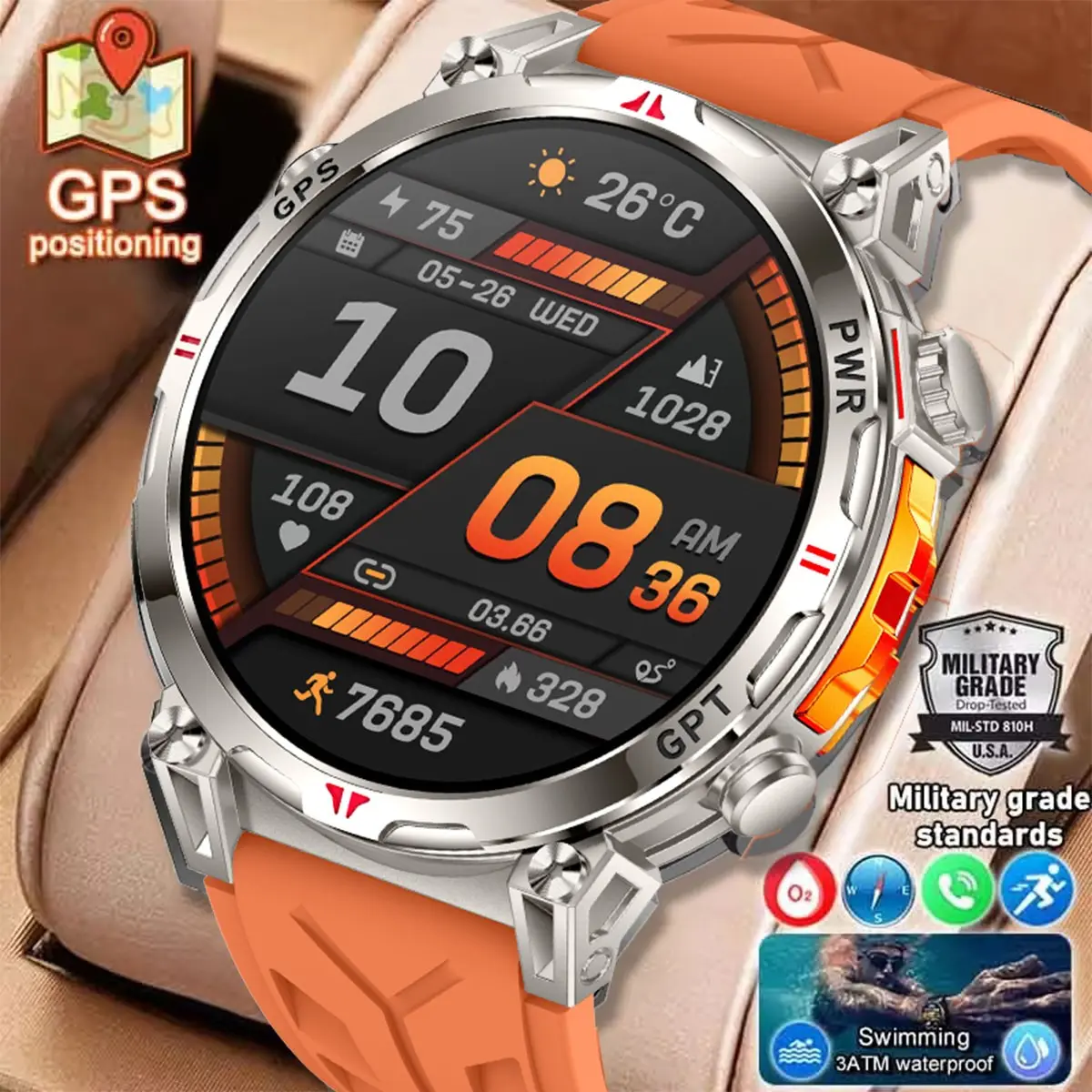 Military Grade Smart Watch Men GPS Compass Altimeter, 1.56" Amoled 5atm Waterproof, Bluetooth-compatible Call Smartwatch, Sport Fitness Tracker, Waterproof Outdoor Watch