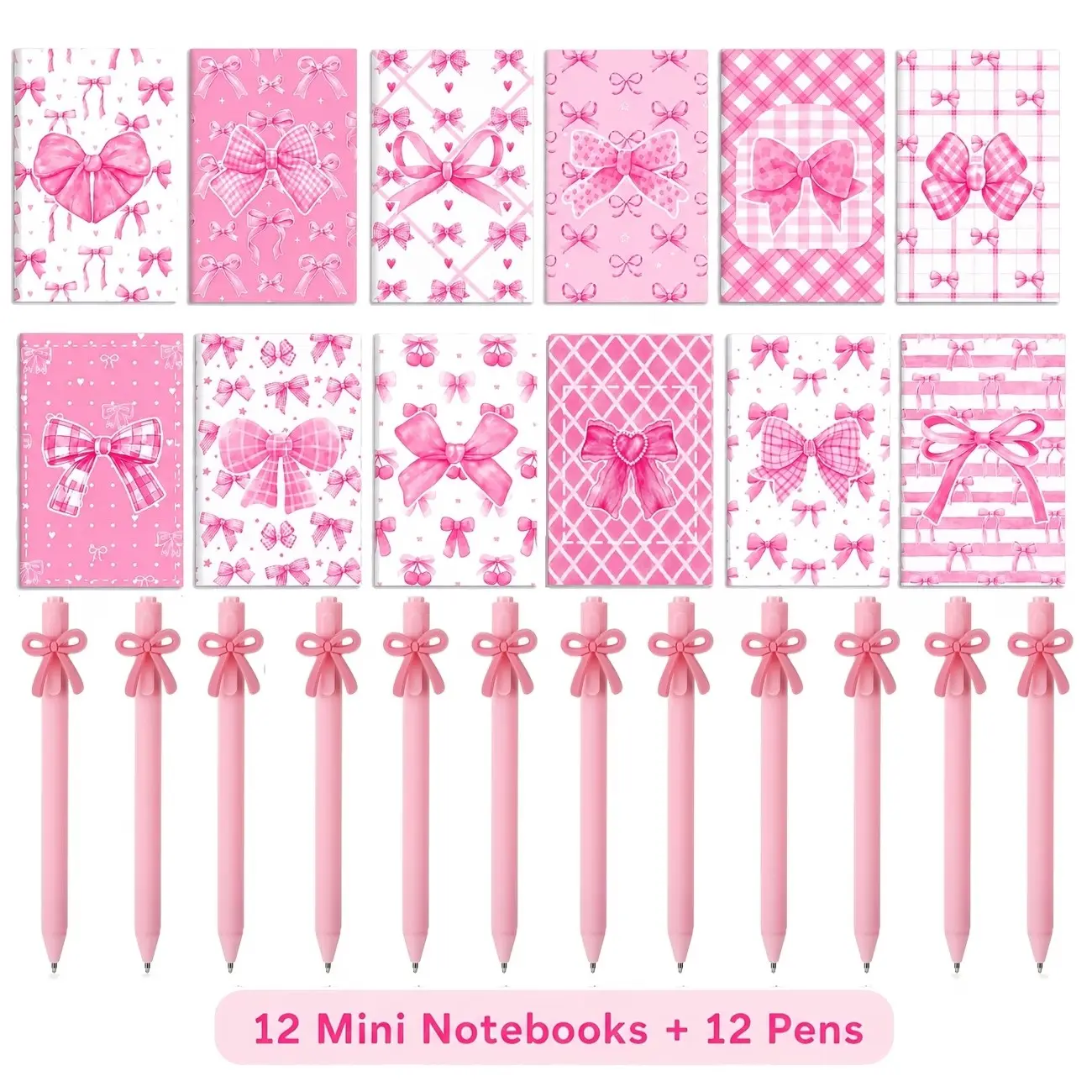 24 PCS Pink Bow Mini Notebook and Pen Set, 12 Lined Pocket Notebooks with 12 Matching Ballpoint Pens, Cute Kawaii Stationery Supplies for School, Office, Notes, Journaling, Party Favors and Gifts