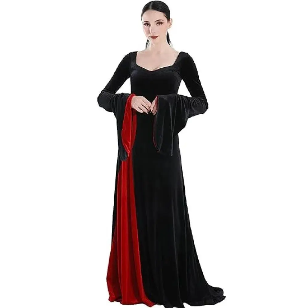 Morticia Addams Costume Women Velvet Maxi Dress Vintage Gothic Witch Long Dress Halloween Family Cosplay Cocktail Party Costume