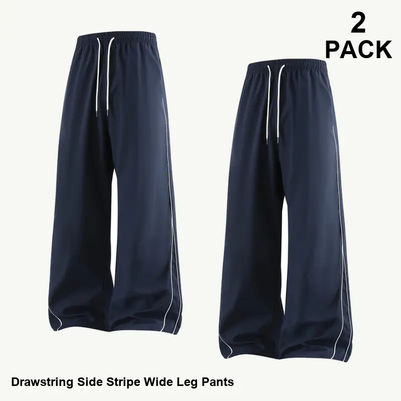 2-Pack Same Solid Color Men's Wide Leg Drawstring Pants, Drawstring Elastic Waist, Contrast Side Piping, Relaxed Fit Multipack for Casual Streetwear Travel Work and Everyday Outfits - JHCKF-1553 1