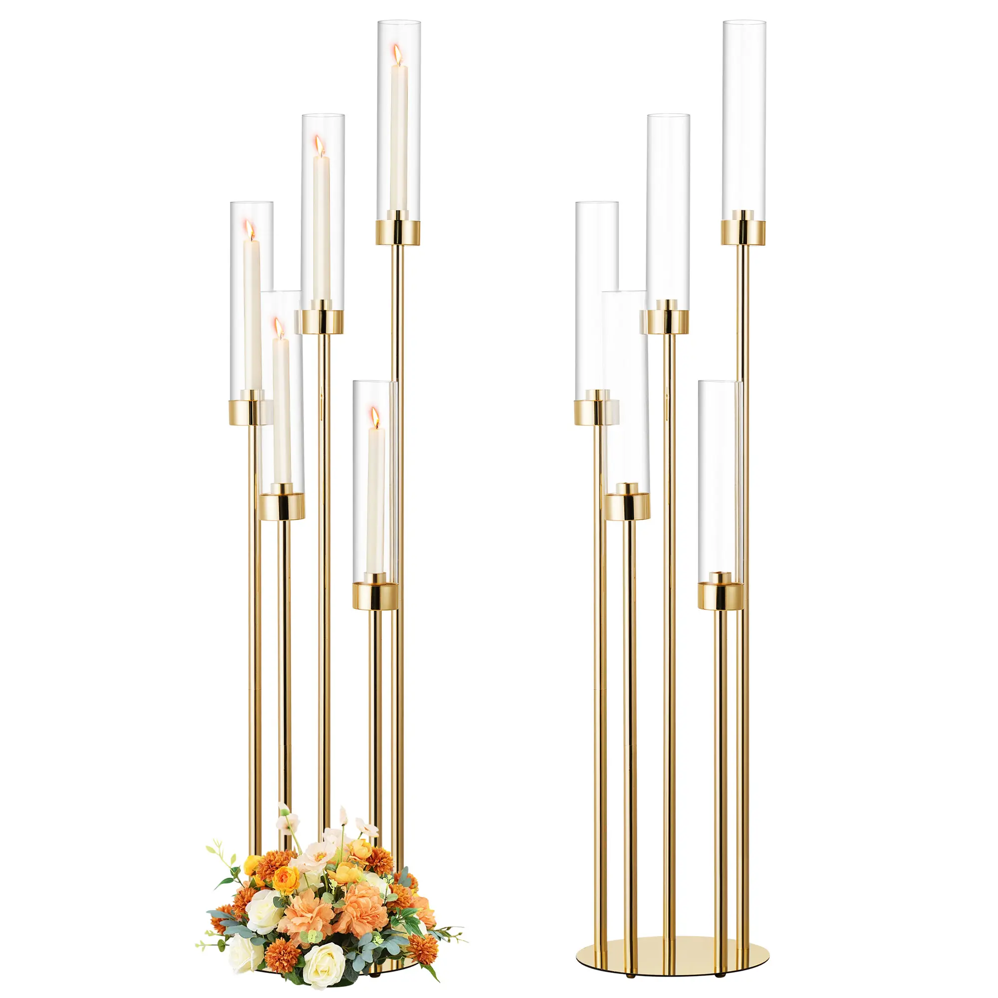 1/2/4PCS 42.5 Inch Gold Floor Candelabra 5 Arm Tall Metal Candle Centerpieces with Acrylic Lampshade for Wedding Party Home Christmas