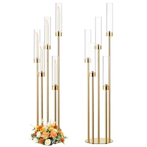 1/2/4PCS 42.5 Inch Gold Floor Candelabra 5 Arm Tall Metal Candle Centerpieces with Acrylic Lampshade for Wedding Party Home Christmas