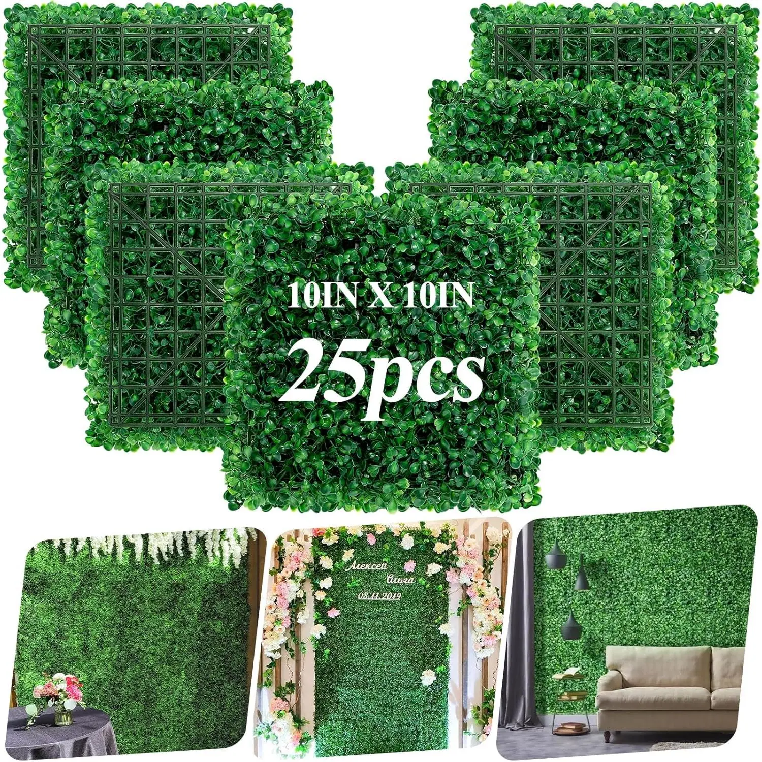 25Pcs UV-Protected Faux Boxwood Look Artificial Grass Wall Panels (10in X 10in, 17.36ft²), Easy Install Fake Green Privacy Screen for Baby & Maternity Event, Indoor Outdoor Decor