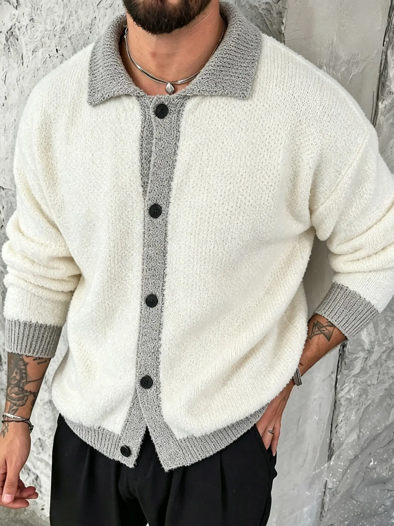 Men's Fashion Casual Fuzzy Lapel Sweater, Versatile Knitwear for Fall & Winter, Perfect for Layering or Wearing Alone, Essential Outerwear