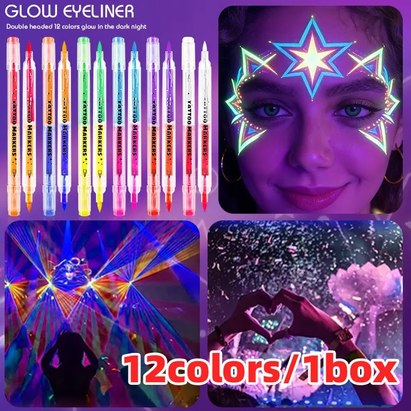 Dual-Ended Dual-Color Night Glow Body Art Brush, UV Face & Body Paint Marker, DIY Tattoo Tool, Creative Makeup Pen for Parties & Events
