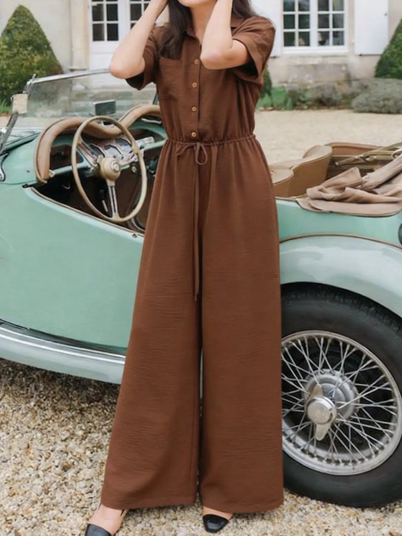 Modest Women Collared Button Down Jumpsuit, Drawstring Waist Wide Leg Casual Hijab Outfit