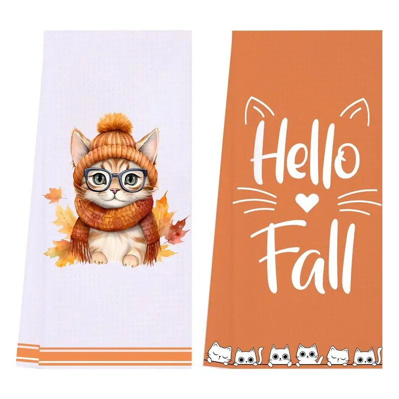 Set of 2 "Hello Fall" Kitchen Towels  Autumn Kitten & Maple Leaf Print; Farmhouse-Style Rectangular, Absorbent, Multi-Purpose Hand & Dish Towels; Cleaning Cloths for Cooking & Baking; Seasonal Decor for Thanksgiving, Autumn, Kitchen, and Bathroom.
