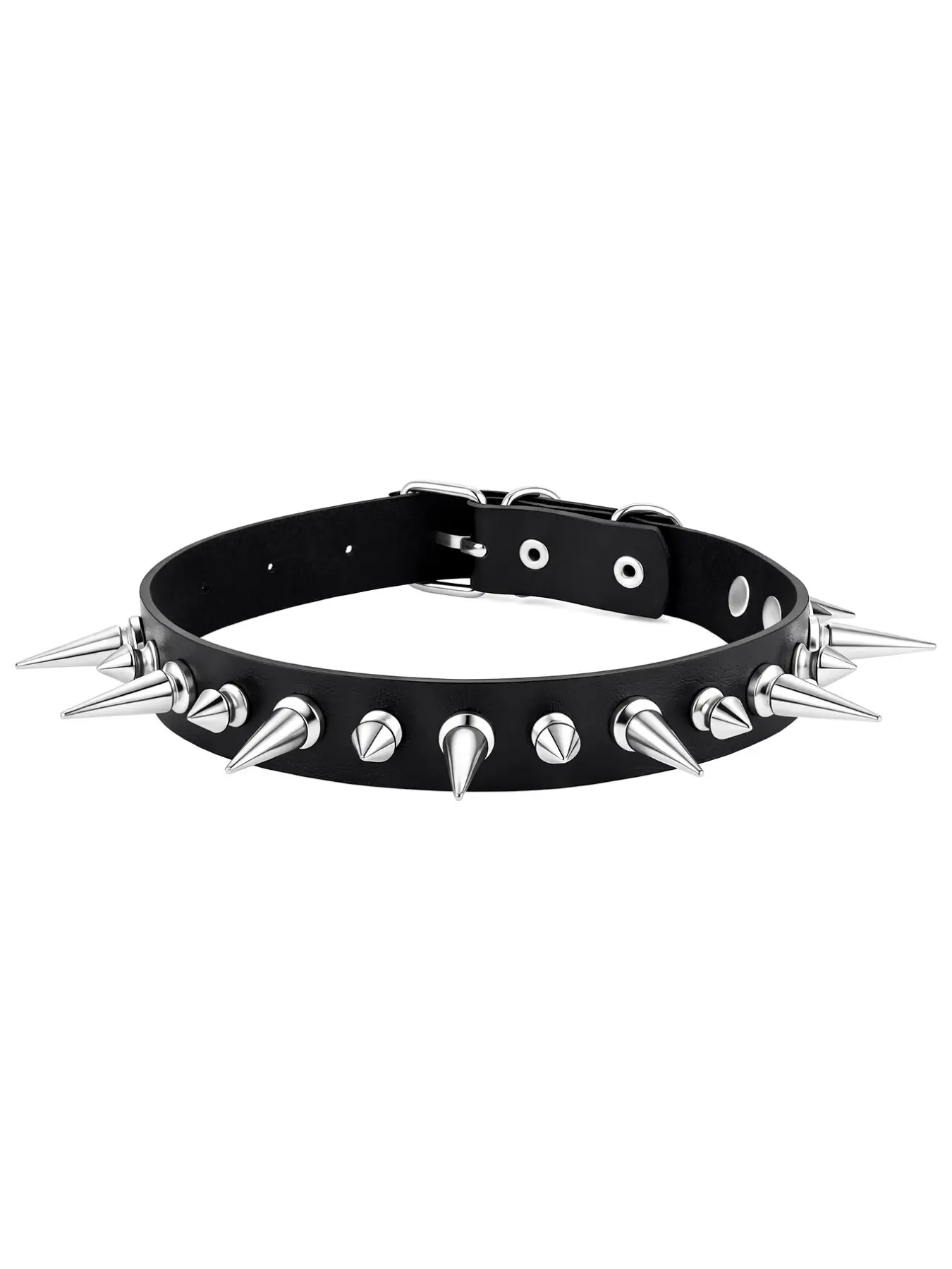 Punk Gothic Single Row Silver Color Spike Wide Leather Collar, Adjustable Multi-Hole Y2K Millennium Street Fashion Costume Jewelry Necklace